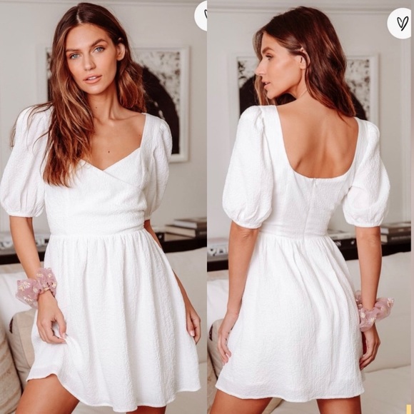 Lulus Dresses & Skirts - Lulu's Little Bit In Love White Surplice Puff Sleeve Mini Dress